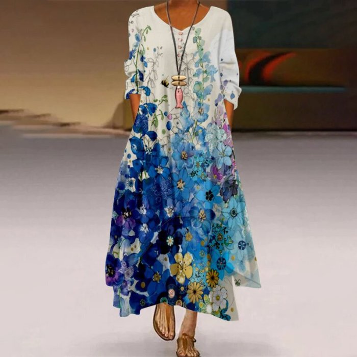 Women's Printed Long Sleeve Irregular Hem Elegant Casual  Maxi Dress
