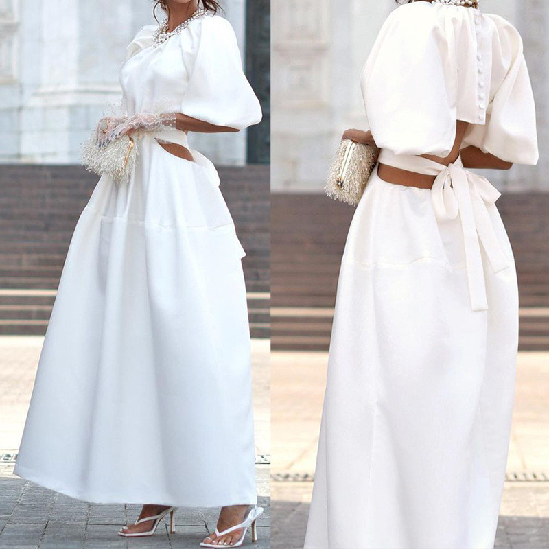 Fashion Sexy Elegant Party Solid Color Ties Open Waist Crew Neck Wedding Guest Dress