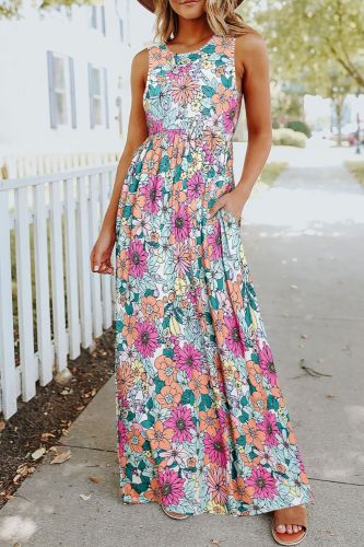 Summer New High Waist Casual Floral Printed Round Neck Maxi Dress
