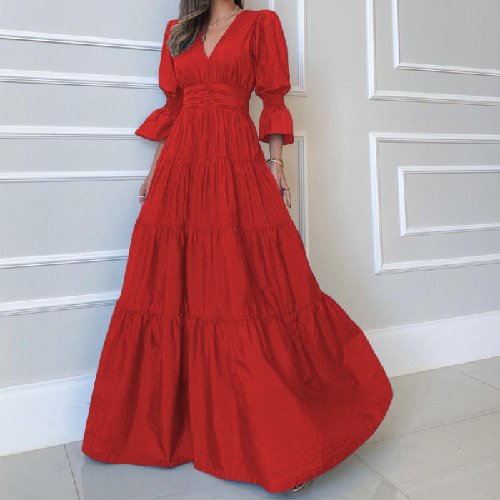 Women's Fashion Temperament Loose V-neck Solid Backless Wedding Guest Dress