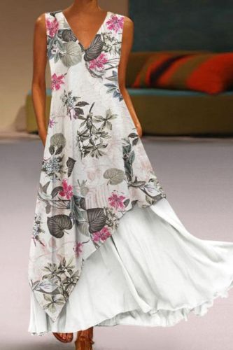 Ladies Printed Sleeveless Two Layer Casual Elegant Maxi Dress