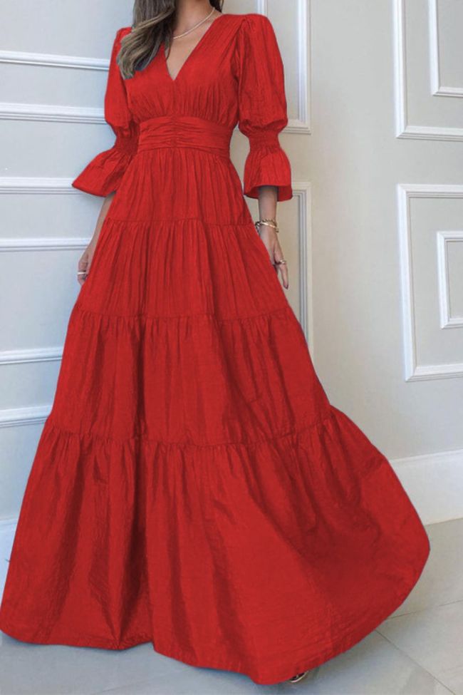 Women's Fashion Temperament Loose V-neck Solid Backless Wedding Guest Dress