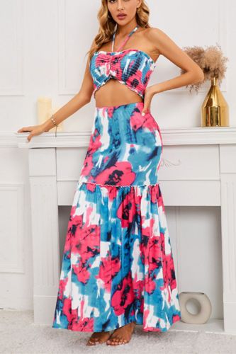 Women's Design Sexy Bohemian Print Halter Neck Top + Skirt Two-Piece Dress