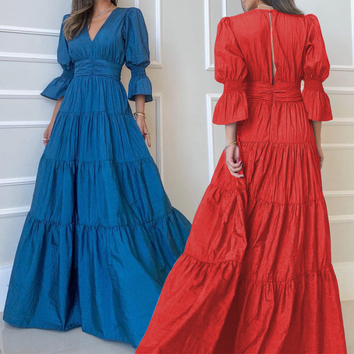 Women's Fashion Temperament Loose V-neck Solid Backless Wedding Guest Dress