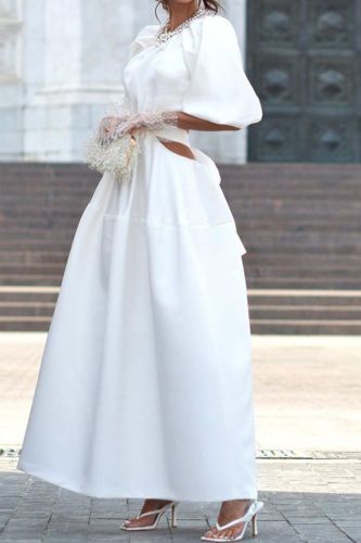 Fashion Sexy Elegant Party Solid Color Ties Open Waist Crew Neck Wedding Guest Dress