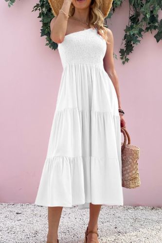 Women's Boho Sexy Elegant One Shoulder Party Pocket Pleated  Maxi Dress