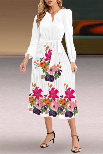 Fashion Long Sleeve Slim Pleated V-Neck A-Line  Wedding Guest Dress