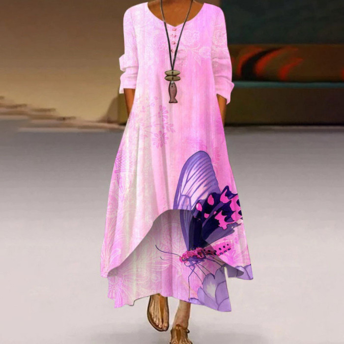 Women's Fashion Printed Loose Long Sleeve Irregular Casual Maxi Dress