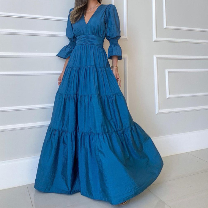 Women's Fashion Temperament Loose V-neck Solid Backless Wedding Guest Dress