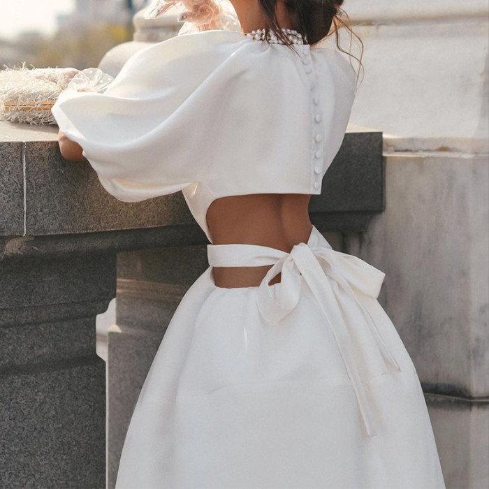 Fashion Sexy Elegant Party Solid Color Ties Open Waist Crew Neck Wedding Guest Dress