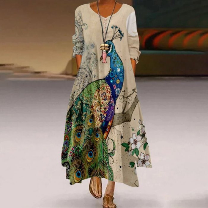 Women's Printed Long Sleeve Irregular Hem Elegant Casual  Maxi Dress