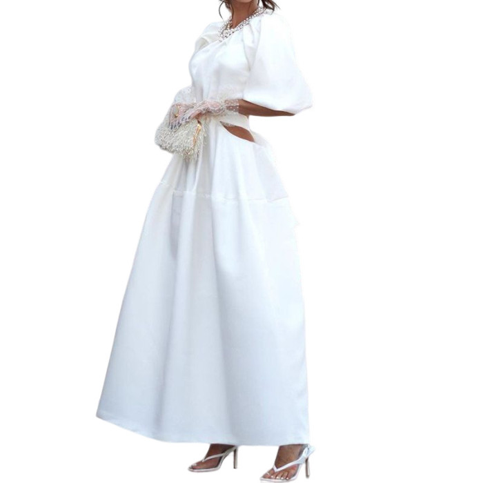 Fashion Sexy Elegant Party Solid Color Ties Open Waist Crew Neck Wedding Guest Dress