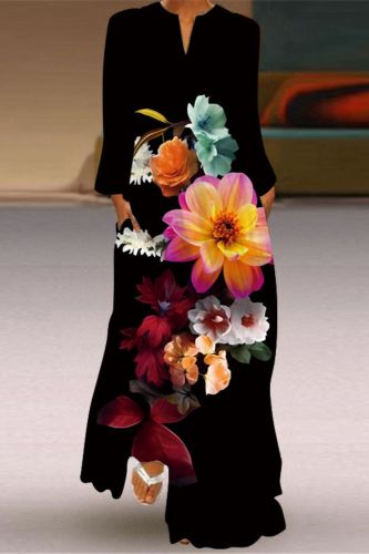 Women's Fashion Sexy Printed Long Sleeve V Neck  Wedding Guest Dress