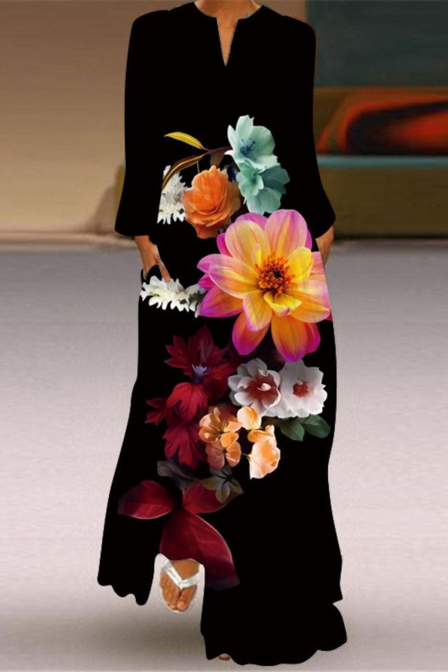 Women's Fashion Sexy Printed Long Sleeve V Neck Wedding Guest Dress