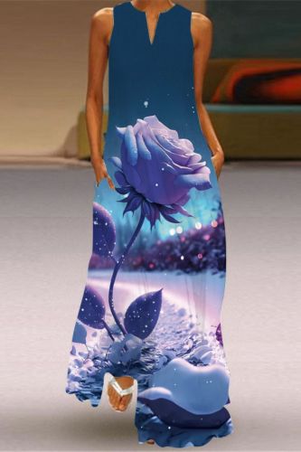 Fashion Sexy Print V Neck Sleeveless Elegant Bohemian  Maxi Dress