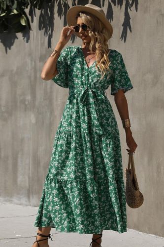 Women's V-neck Floral Sexy Loose Stitching Casual Fashion  Maxi Dress