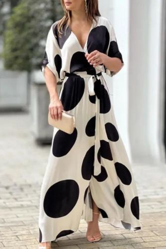Women's Elegant Polka Dot Print V-neck High Waist Fashion Sexy  Maxi Dress