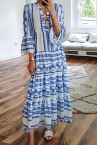 Women's Vintage Boho Print Pleated Deep V Neck Boho  Maxi Dress