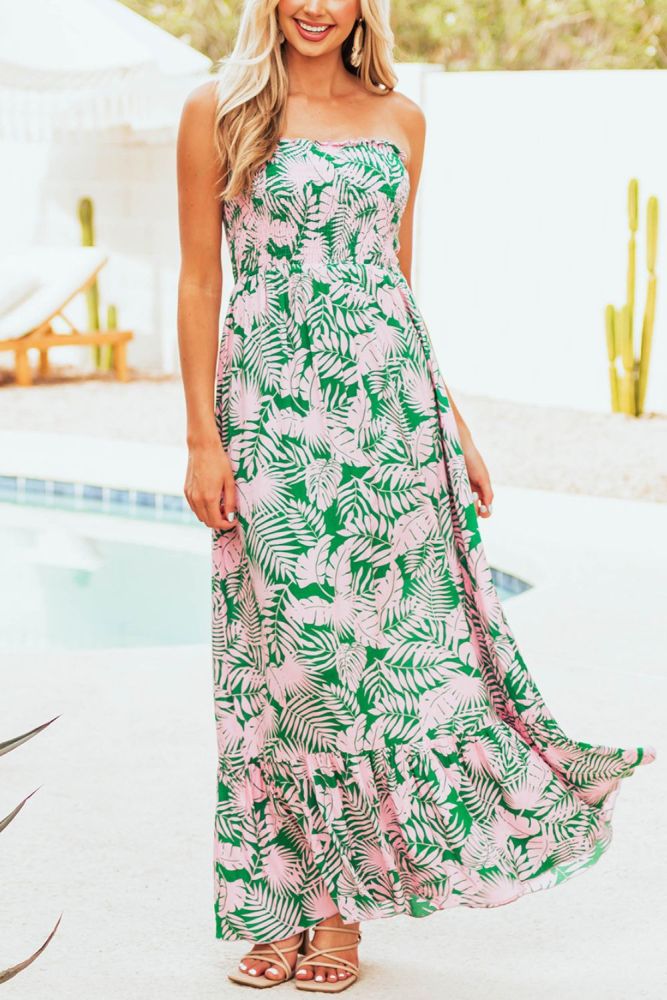 Fashion Print Tube Top Holiday Casual Sexy  Maxi Dress