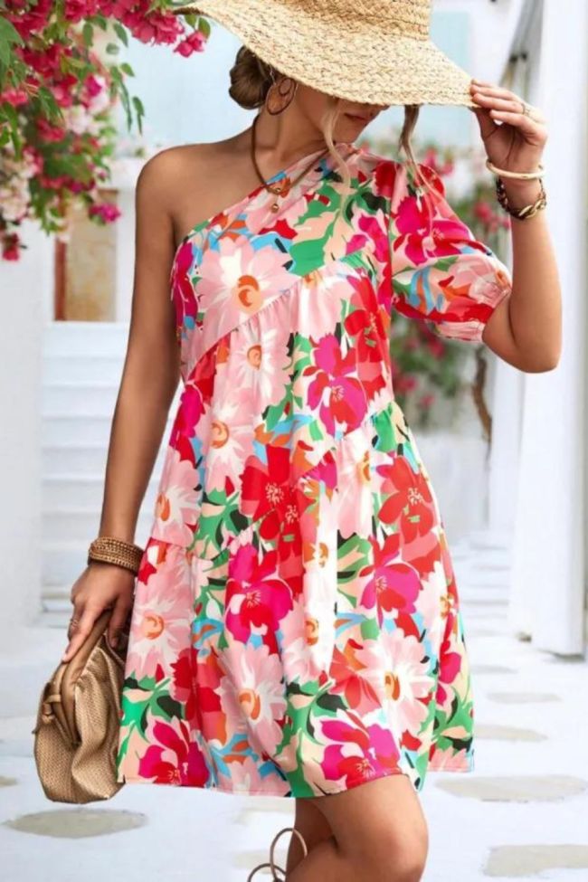 Women Off Shoulder Irregular Vintage Slash Neck Puffy Elegant Casual Dress