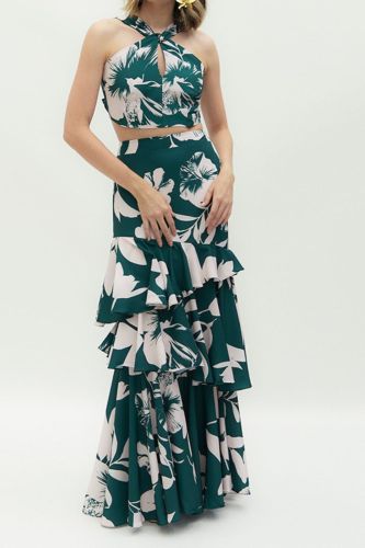Women's Fashion Printed Navel Halter Top Long Skirt Two-Piece Set Wedding Guest Dress
