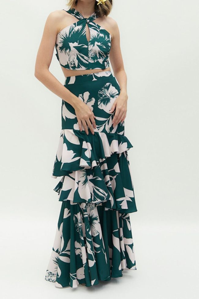 Women's Fashion Printed Navel Halter Top Long Skirt Two-Piece Set Wedding Guest Dress