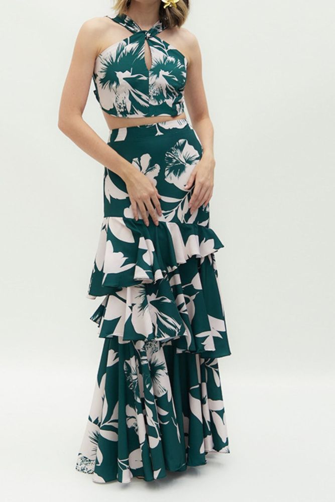 Women's Fashion Printed Navel Halter Top Long Skirt Two-Piece Set Wedding Guest Dress