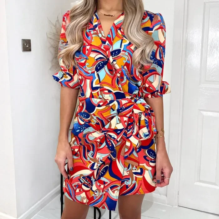 Women Fashion Print Shirt Collar Tie Short Casual Dress