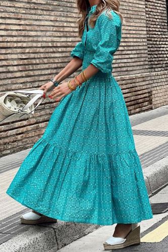 Elegant High Waist Pleated Print Casual Fashion Big Swing Beach Maxi Dress