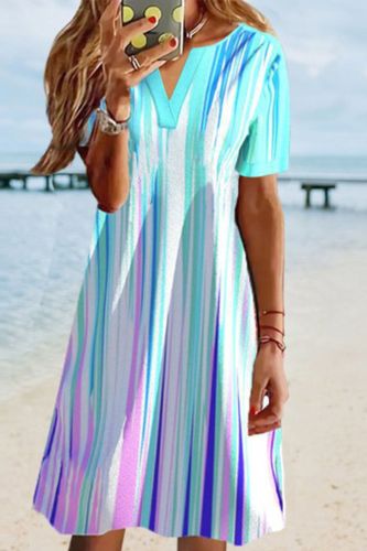 Women's Colorful Stripe Print Casual V Neck A Line Loose Bohemian  Casual Dress