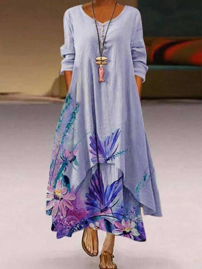 Summer Fashion Printed Long Sleeve Irregular Hem A-Line  Maxi Dress