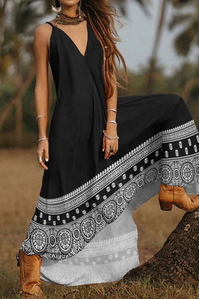 Fashion Sexy Backless Beach Panel Deep V Neck Sleeveless Loose Party Maxi Dress