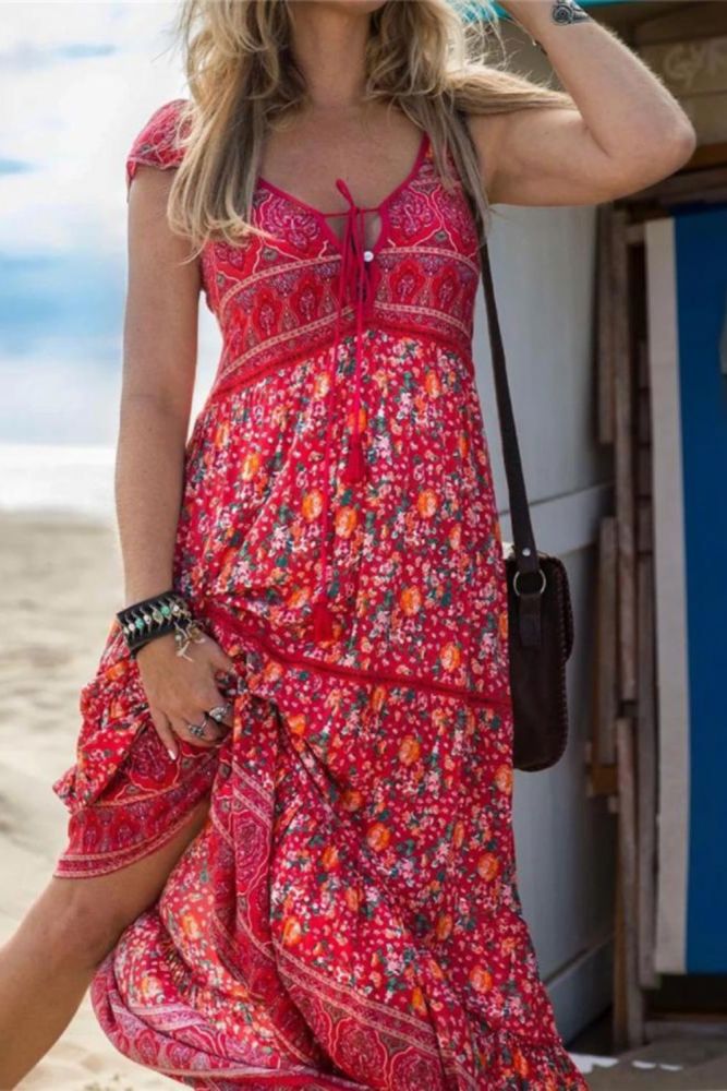 Women's Floral Print Tie Vintage Sleeveless Bohemian V Neck Backless Party Maxi Dress