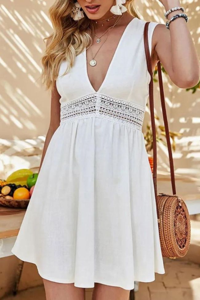 Fashion Bohemian V-neck Lace Sleeveless Hollow  Casual Dress