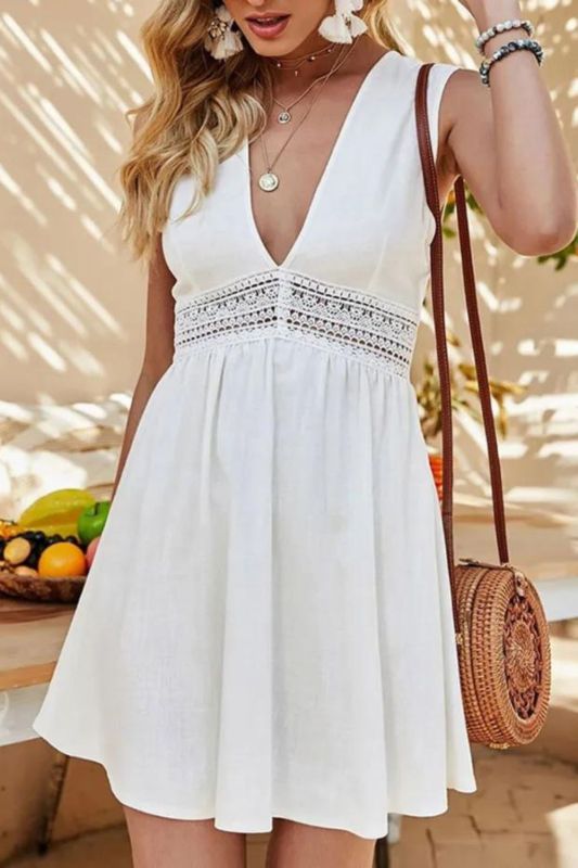Fashion Bohemian V-neck Lace Sleeveless Hollow  Casual Dress
