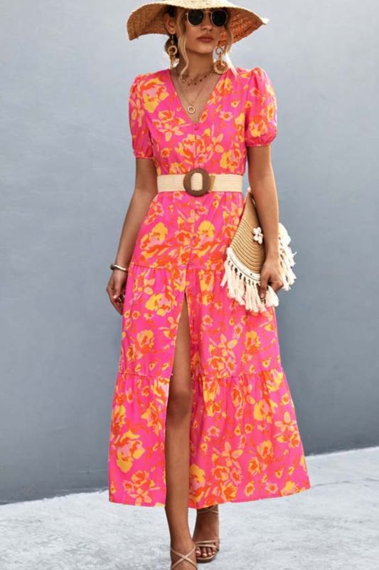 Floral Button V Neck Floral Boho  Maxi Dress