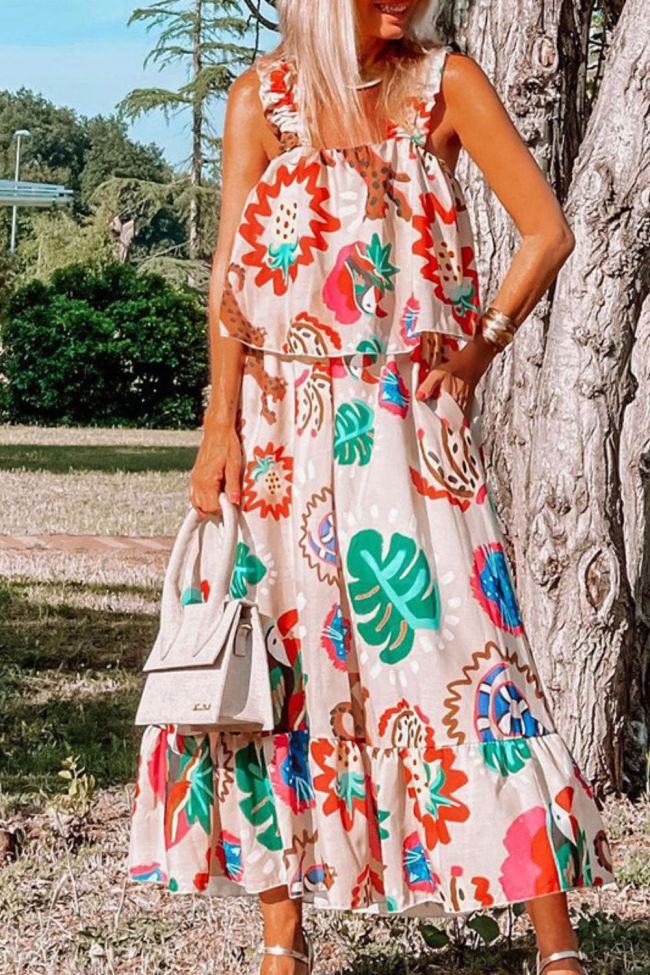 Bohemian Print Beach Fashion Sleeveless Casual Square Neck  Maxi Dress