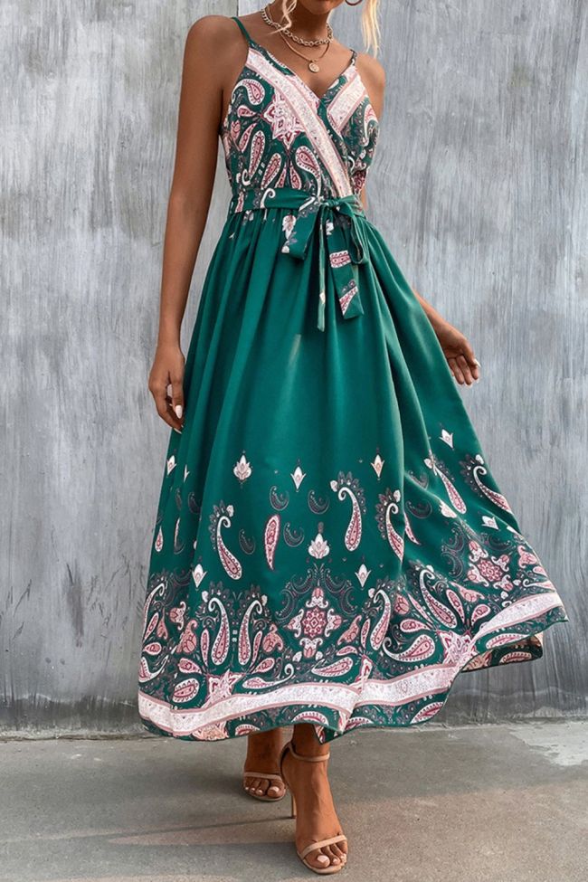 Summer Fashion Sexy V Neck Sleeveless Backless Boho Vintage Casual  Maxi Dress