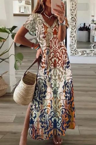 Women's V Neck Short Sleeve Slit Fashion Print Bohemian  Casual Dress