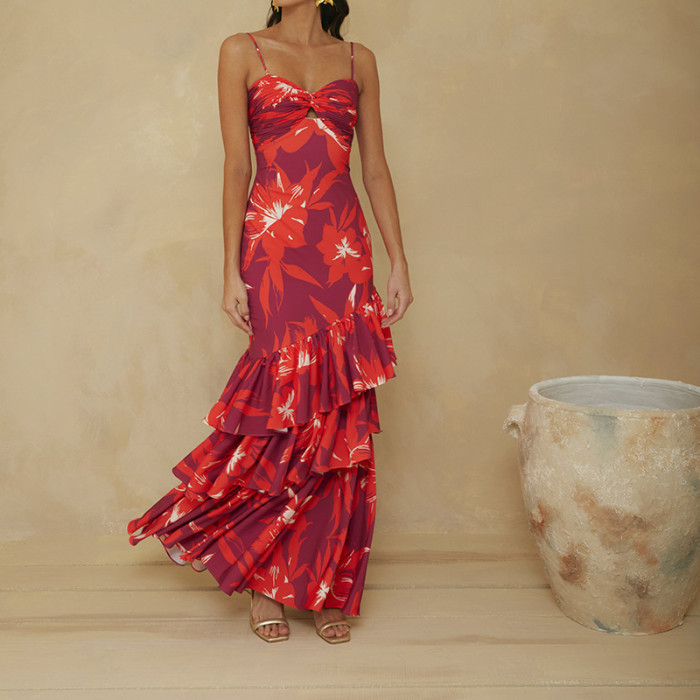 Women Fashion Print Sexy Camisole Casual Ruffle Wedding Guest Dress