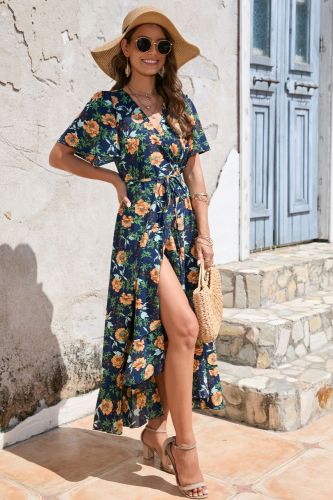 Summer Fashion V Neck Beach Vintage Print Lace Up Boho  Maxi Dress