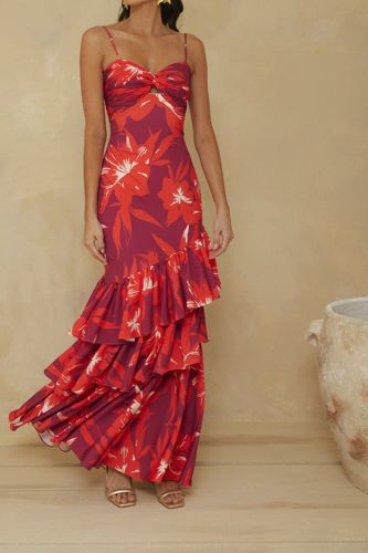 Women Fashion Print Sexy Camisole Casual Ruffle Wedding Guest Dress
