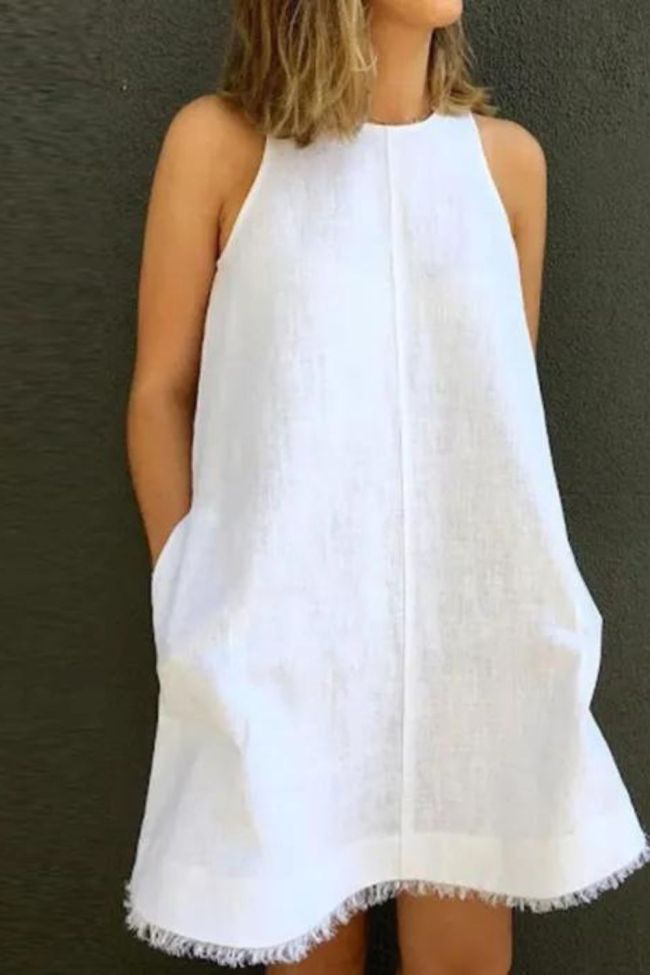 Summer Loose Cotton Linen Casual O-neck Sleeveless Fashion Tassel Party  Casual Dress