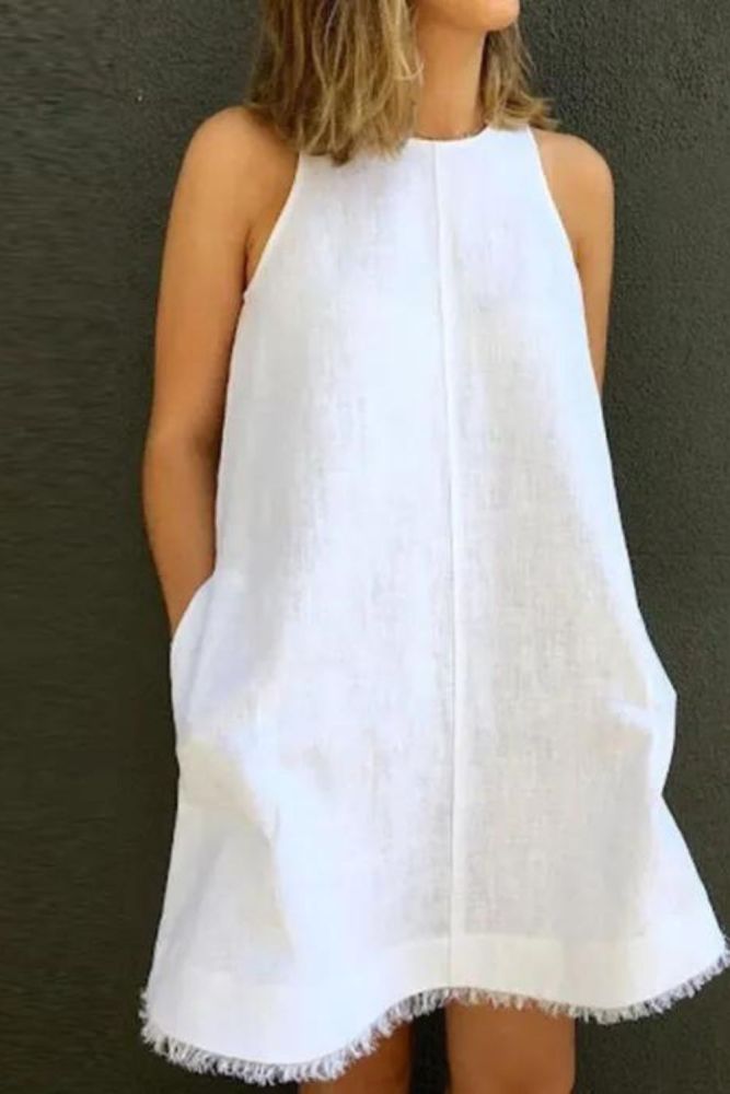Summer Loose Cotton Linen Casual O-neck Sleeveless Fashion Tassel Party  Casual Dress