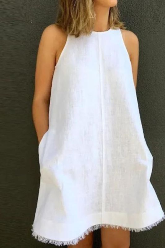 Summer Loose Cotton Linen Casual O-neck Sleeveless Fashion Tassel Party  Casual Dress