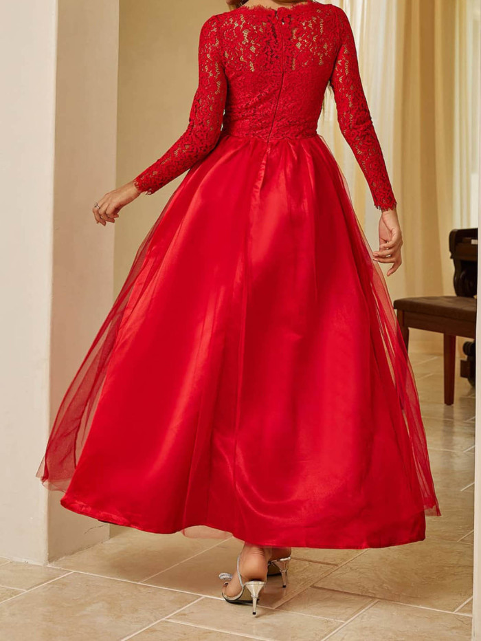 Women Fashion Stylish Elegant Mesh Lace Long Sleeve Wedding Evening Dress