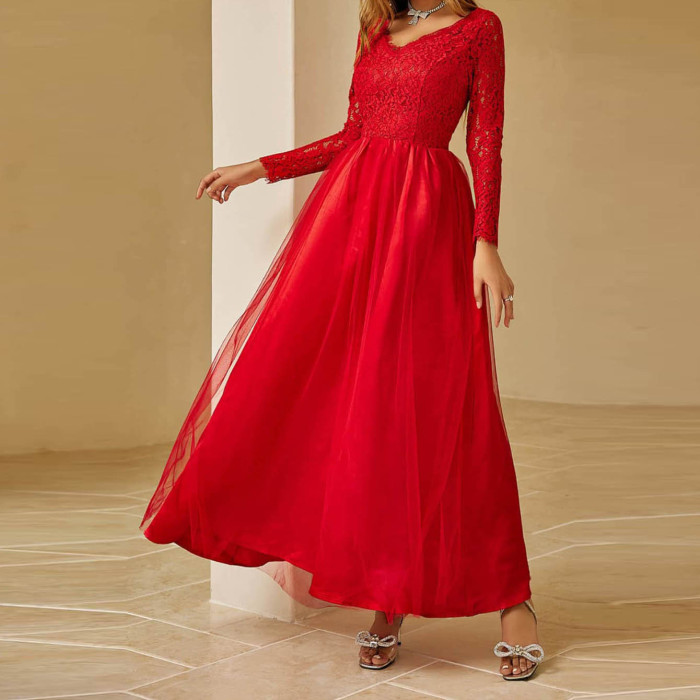 Women Fashion Stylish Elegant Mesh Lace Long Sleeve Wedding Evening Dress