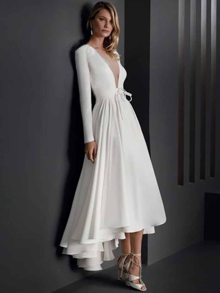 Fashion Slim Sexy Deep V Neck Asymmetric Long Sleeves Party Elegant A-Line  Wedding Guest Dress