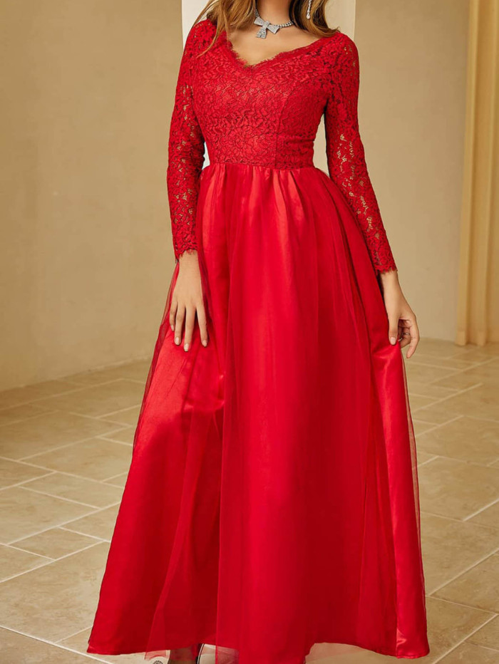 Women Fashion Stylish Elegant Mesh Lace Long Sleeve Wedding Evening Dress