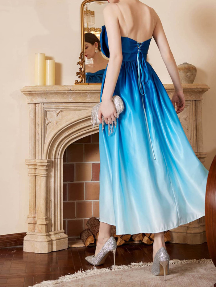 Summer Sexy Elegant Gradient Bandeau Bowknot Party Wedding Guest Dress